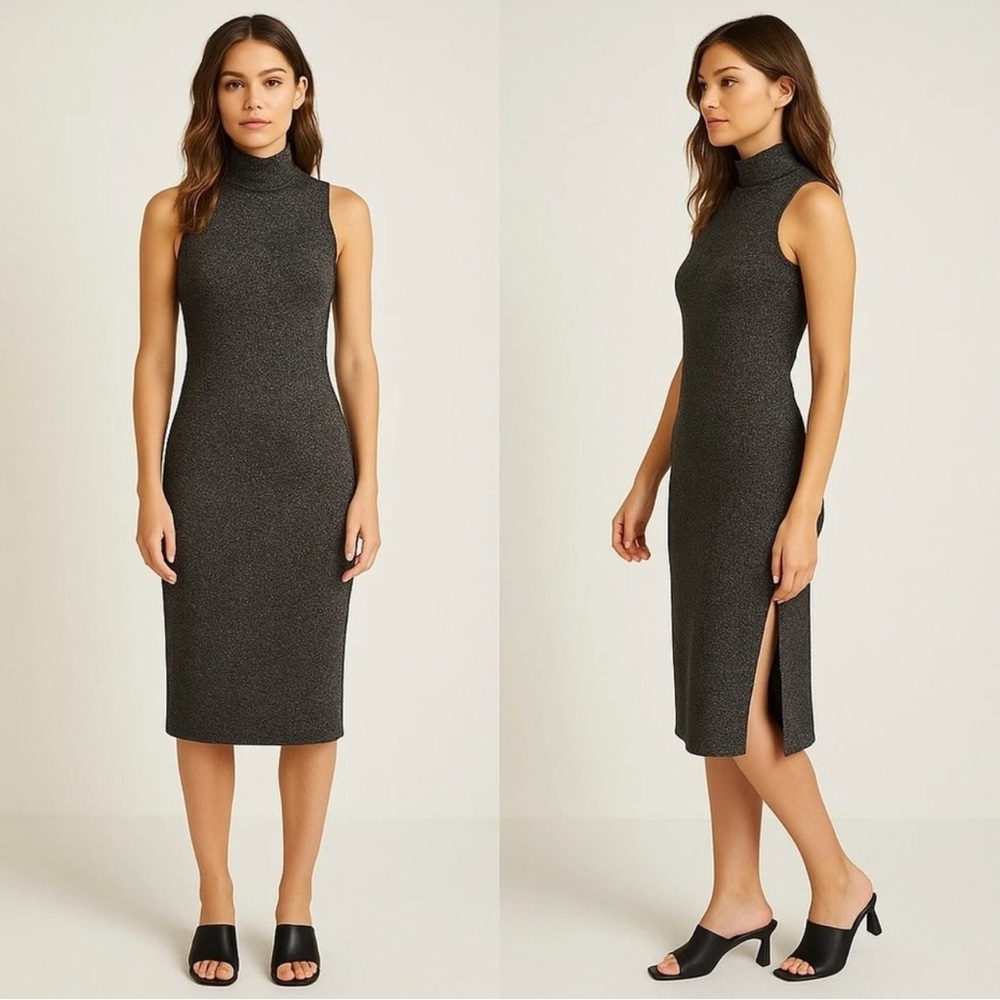 House of Harlow 1960 Metallic Sleeveless Mock Neck Knit Charcoal Midi Dress M